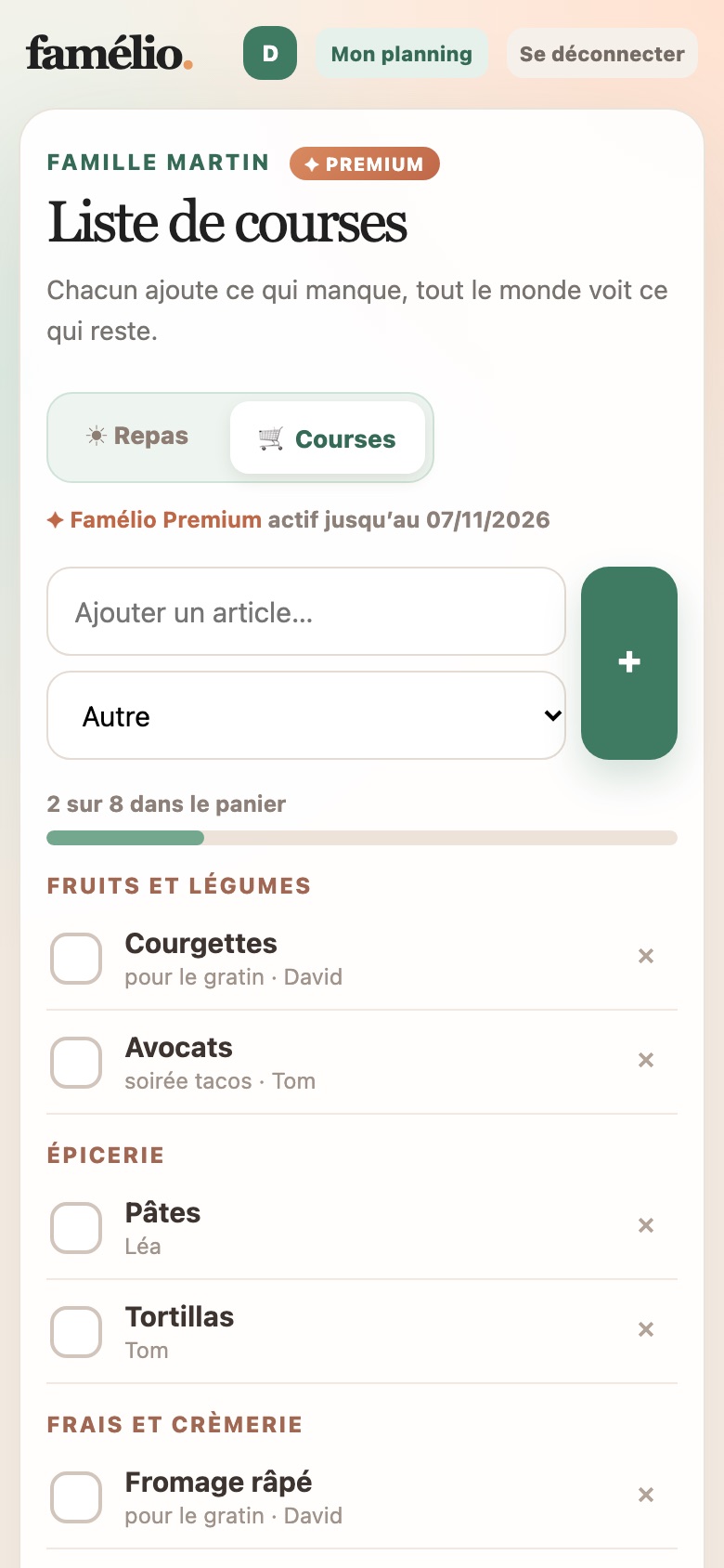 La liste de courses dans Famélio