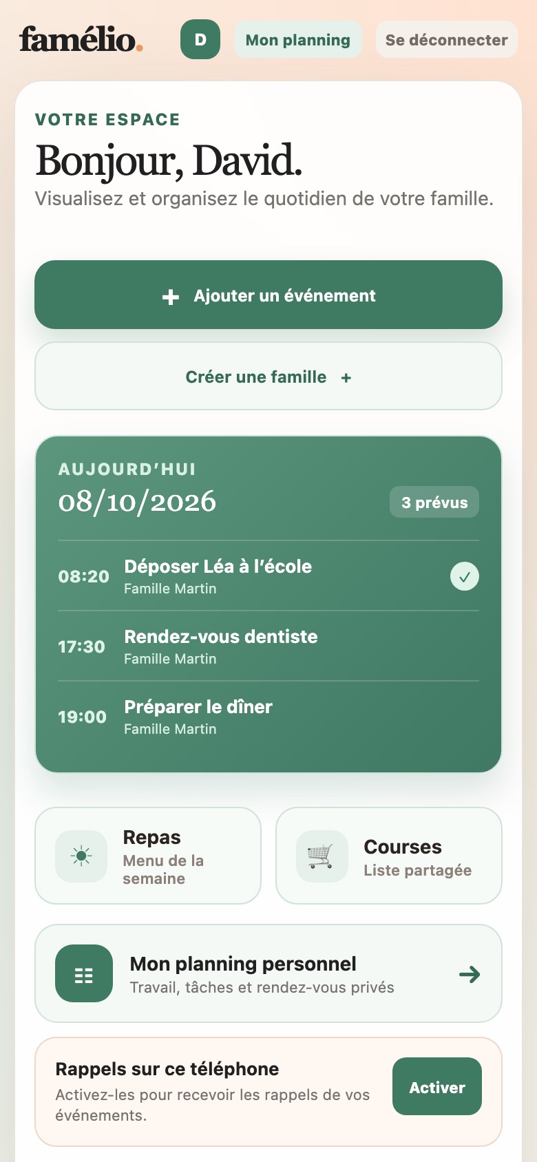 Le tableau de bord du jour dans Famélio